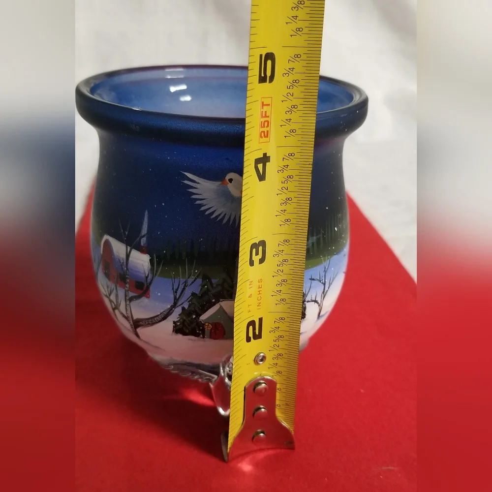 Vintage Votive Winter Scene Hand Painted Glass Candle Holder